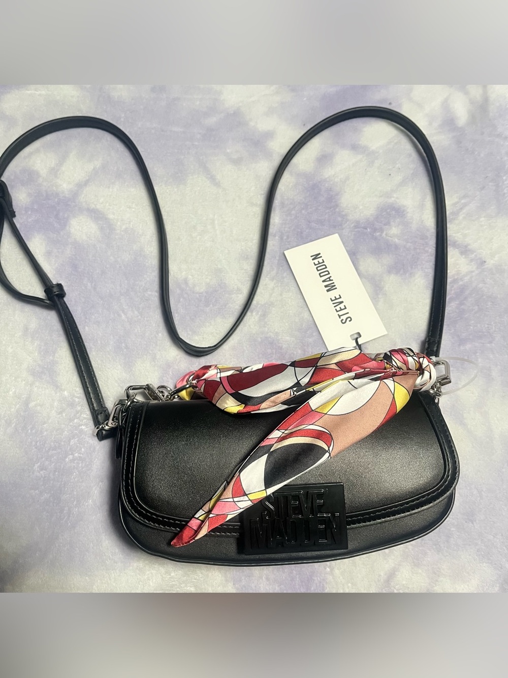 Steve Madden Black Crossbody Bag with Colorful Patterned Scarf